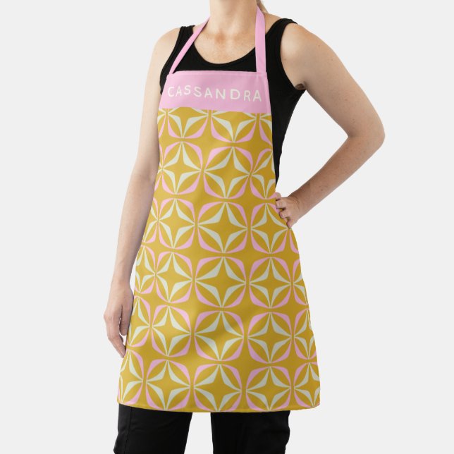 Retro Mid Mod Pattern Pink Yellow Personalised Apron (Insitu)