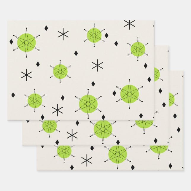Retro Mid Mod Starburst Sky Chartreuse Wrapping Paper Sheet (Set)