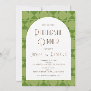 Retro Mid Modern Geometric Green Rehearsal Dinner  Invitation