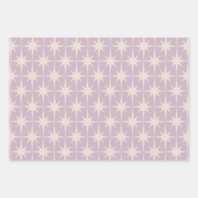 Retro Midcentury 50s Star Pattern in Lilac Wrapping Paper Sheet (Front 2)