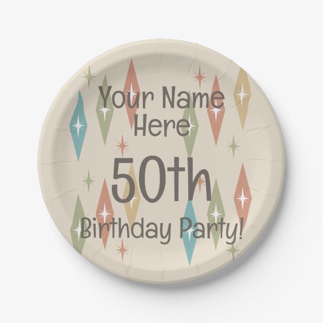 Retro Midcentury 50th Birthday Paper Plate (Front)