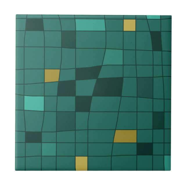 Retro Midcentury Art Warped Teal Gold Tile (Front)
