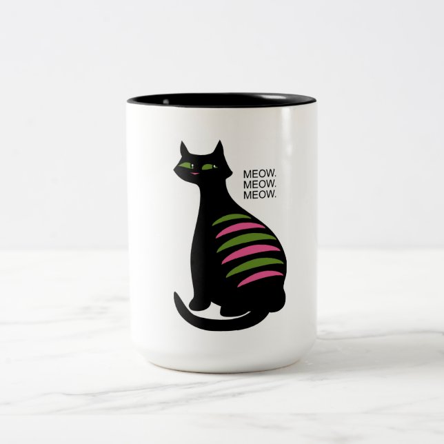 Retro Midcentury Black Cat Two-Tone Coffee Mug (Center)