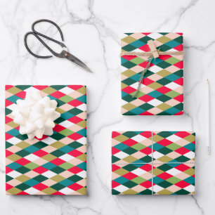 Retro Midcentury Harlequin Diamond Christmas Color Wrapping Paper Sheet