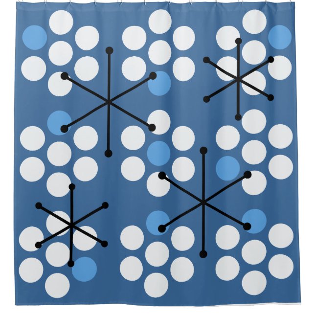 Retro Midcentury MCM Dots Blue Shower Curtain (Front)