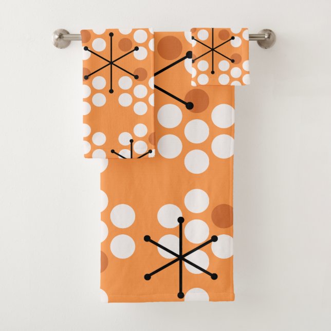 Retro Midcentury MCM Dots Orange Bath Towel Set (Insitu)