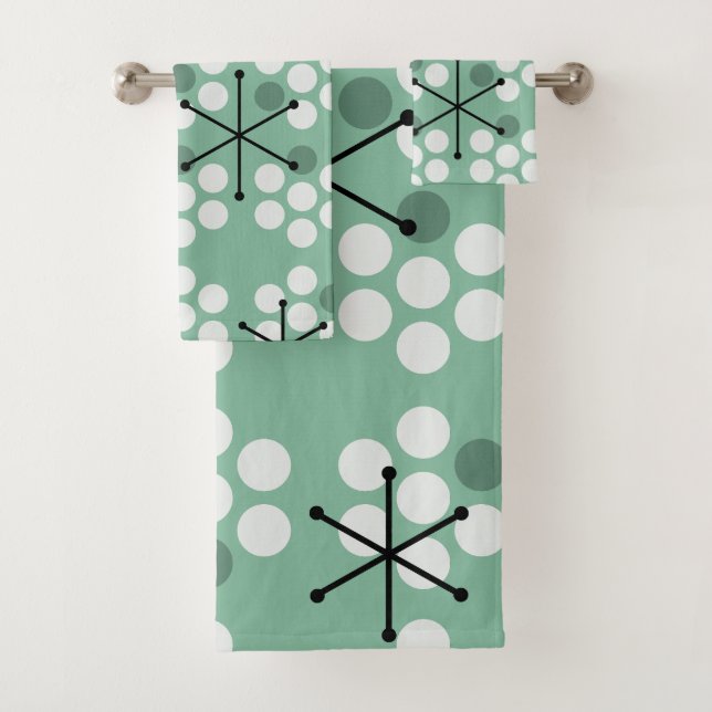 Retro Midcentury MCM Dots Sage Green Bath Towel Set (Insitu)