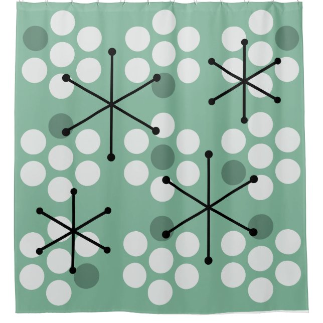 Retro Midcentury MCM Dots Sage Green Shower Curtain (Front)