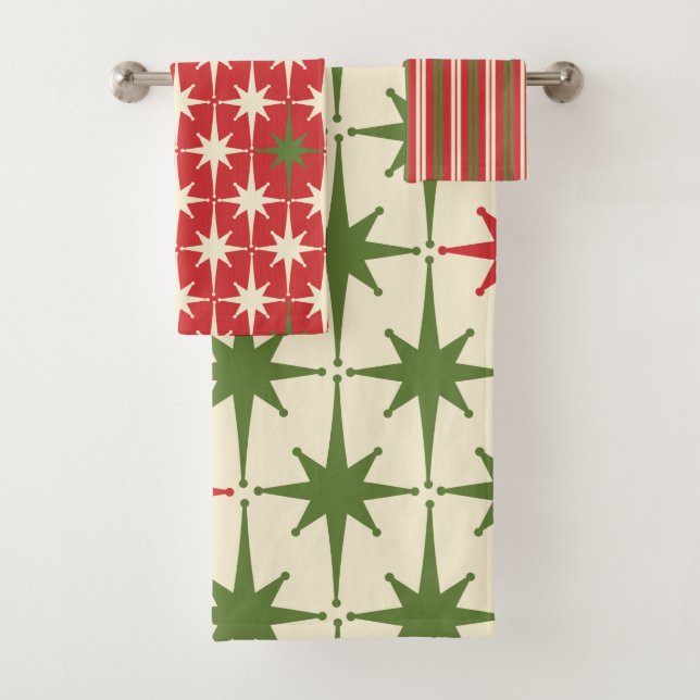 Retro Midcentury Modern Christmas Starbursts Bath Towel Set (Insitu)