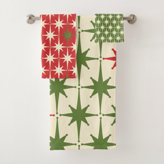 Retro Midcentury Modern Christmas Starbursts Bath Towel Set (Insitu)