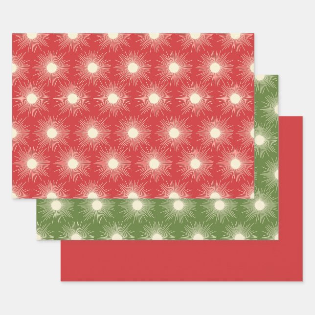 Retro Midcentury Modern Christmas Sunbursts Wrapping Paper Sheet (Set)