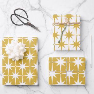 Retro Midcentury Modern Starbursts Mustard White Wrapping Paper Sheet