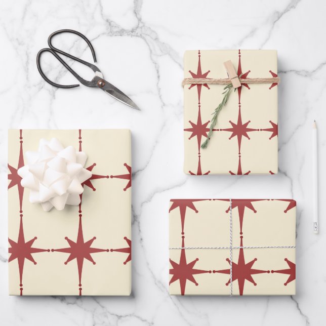 Retro Midcentury Modern Stars Dusky Red & Cream Wrapping Paper Sheet (Front)
