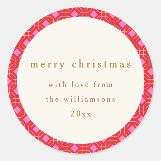 Retro MidCentury Red Pink Cute Custom Christmas Classic Round Sticker (Front)