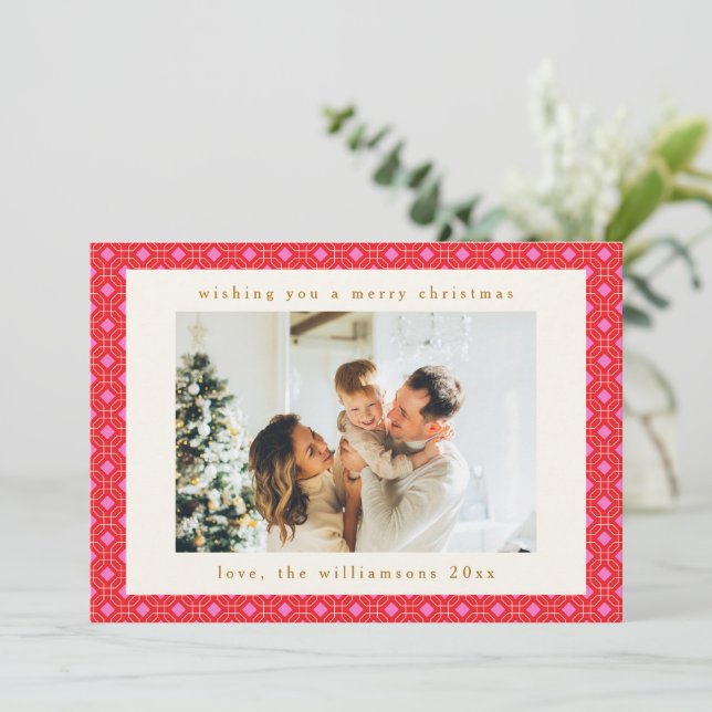 Retro MidCentury Red Pink Cute Two Photo Christmas Holiday Card (Standing Front)
