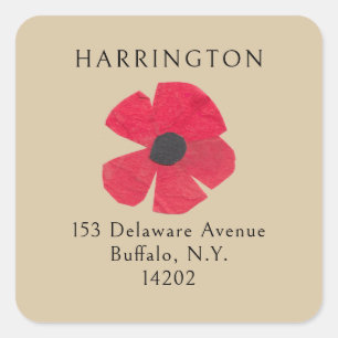 Retro Midcentury Red Poppy Brown Return Address Square Sticker