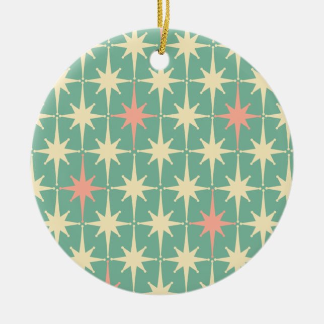 Retro Midcentury Star Pattern Pink and Teal Mint Ceramic Tree Decoration (Front)