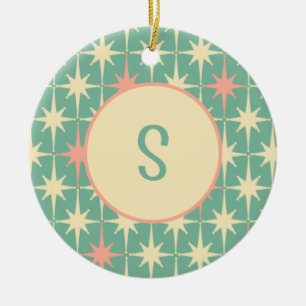 Retro Midcentury Star Pattern Pink Teal w/ Initial Ceramic Tree Decoration