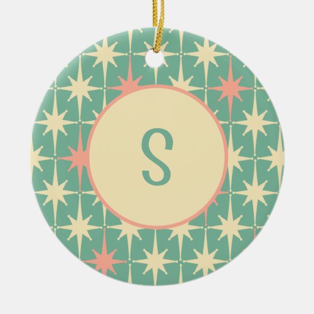Retro Midcentury Star Pattern Pink Teal w/ Initial Ceramic Tree Decoration (Front)