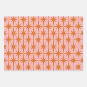 Retro Midcentury Starbursts Pattern Pink & Orange Wrapping Paper Sheet
