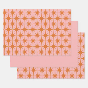 Retro Midcentury Starbursts Pattern Pink & Orange Wrapping Paper Sheet
