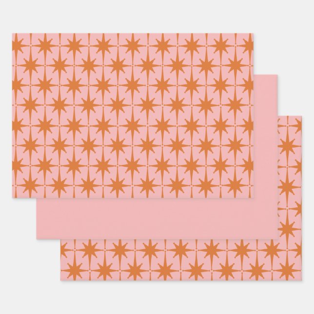 Retro Midcentury Starbursts Pattern Pink & Orange Wrapping Paper Sheet (Set)