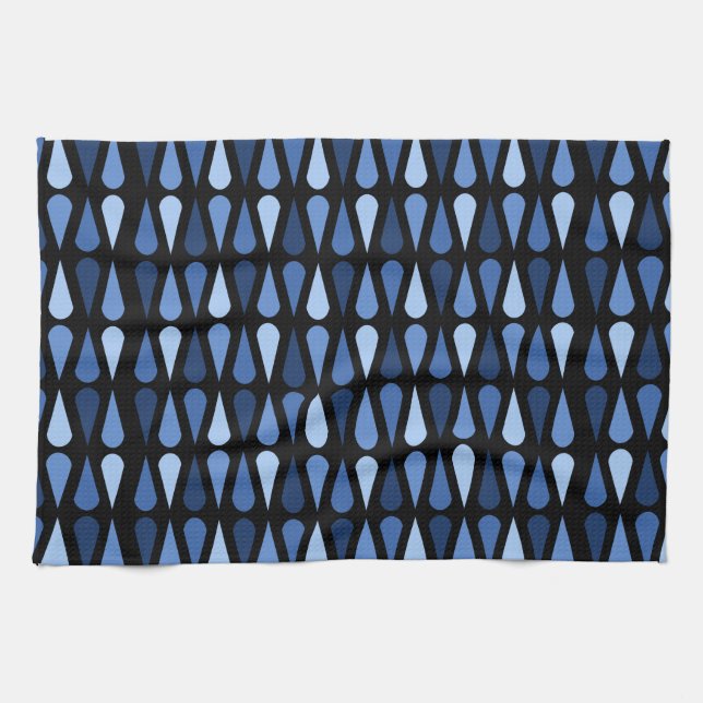 Retro Midcentury Teardrops Black Blue Tea Towel (Horizontal)