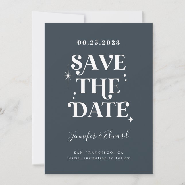 Retro Midnight Blue Save The Date Card (Front)