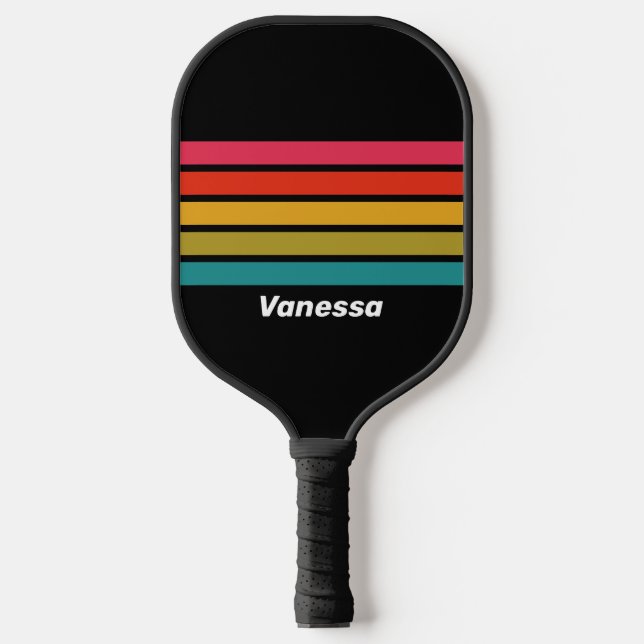 Retro Midnight Rainbow Across Striping with Name Pickleball Paddle (Front)
