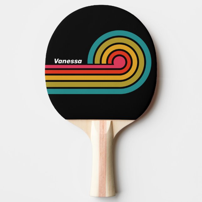 Retro Midnight Rainbow Curl Stripes with Name Ping Pong Paddle (Front)