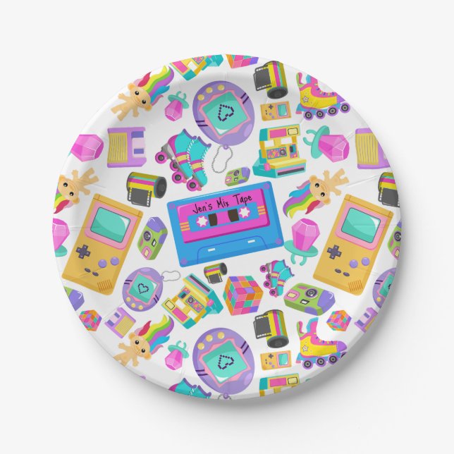 Retro Millennial Themed Party Mix Tape - Add Name Paper Plate (Front)