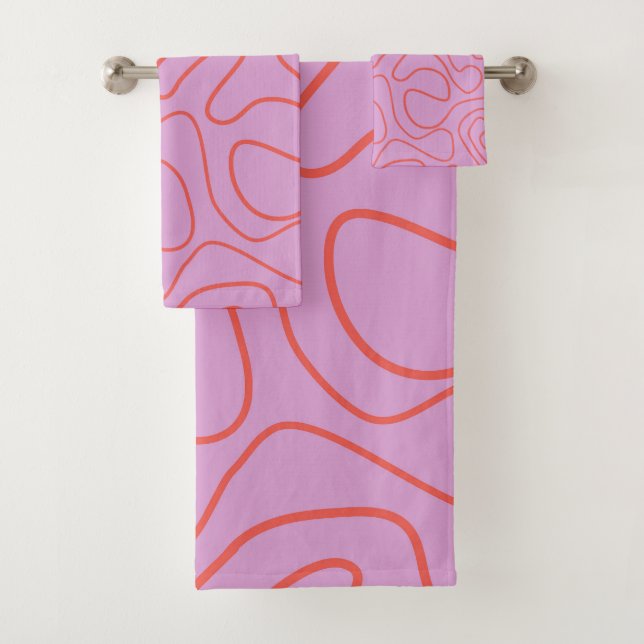 Retro Minimal Abstract Lines in Orange and Pink  Bath Towel Set (Insitu)
