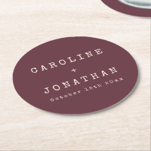 Retro Minimal Burgundy Typewriter Custom Wedding Round Paper Coaster