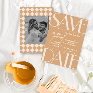 Retro Minimal Chequered Pattern Beige Wedding  Save The Date