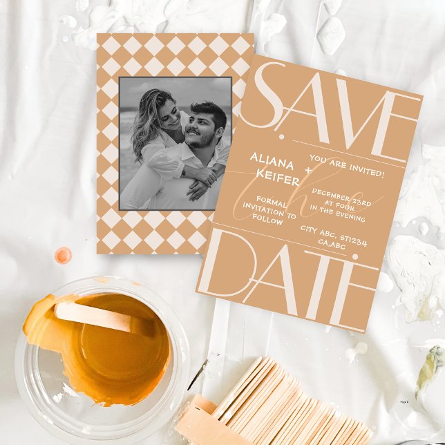 Retro Minimal Chequered Pattern Beige Wedding  Save The Date (Creator Uploaded)
