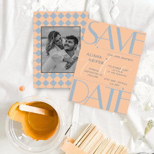 Retro Minimal Chequered Pattern Peach Wedding  Save The Date