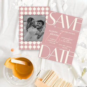 Retro Minimal Chequered Pattern Pink Wedding  Save The Date