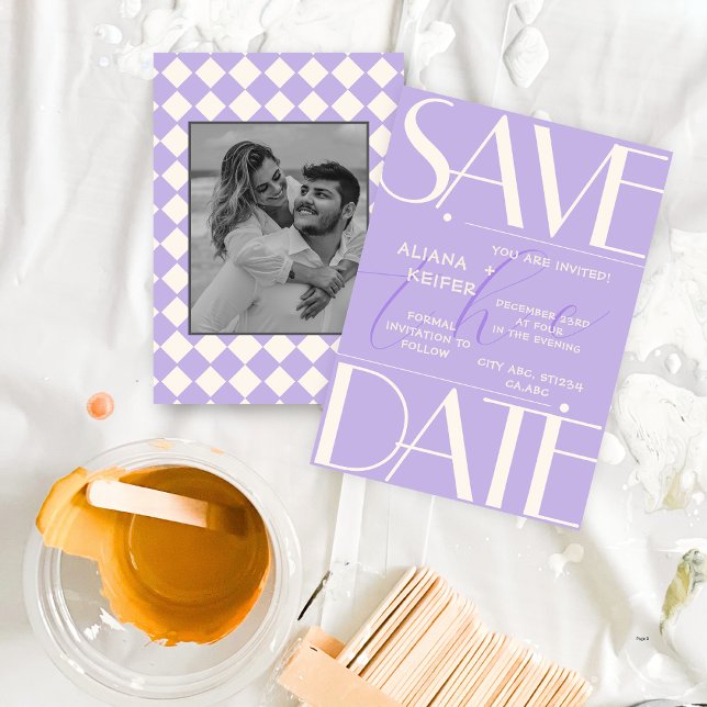 Retro Minimal Chequered Pattern Purple Wedding  Save The Date (Creator Uploaded)