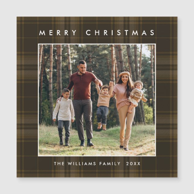 Retro Minimal Christmas Plaid PHOTO Magnetic Card (Front)