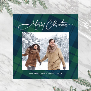 Retro Minimal Christmas Plaid PHOTO Magnetic Card