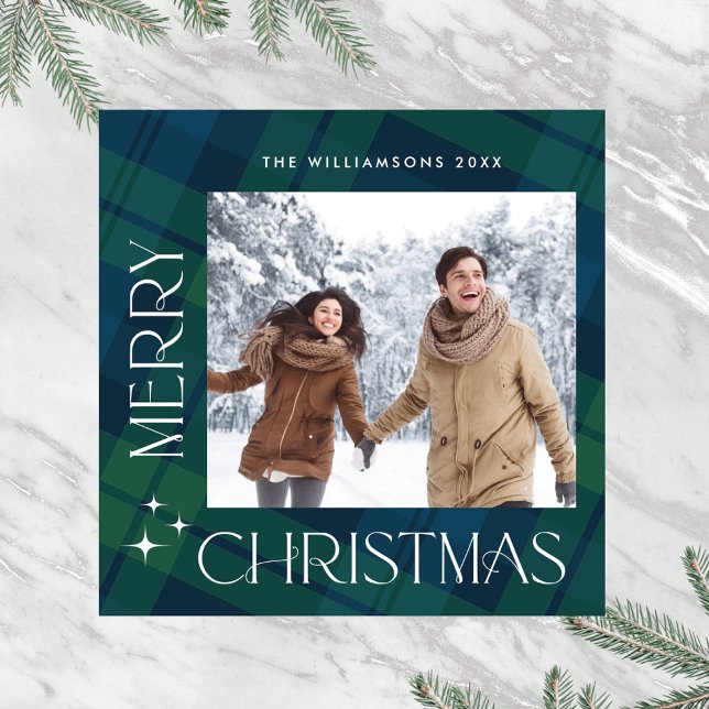 Retro Minimal Christmas Plaid PHOTO Magnetic Card (Creator Uploaded)