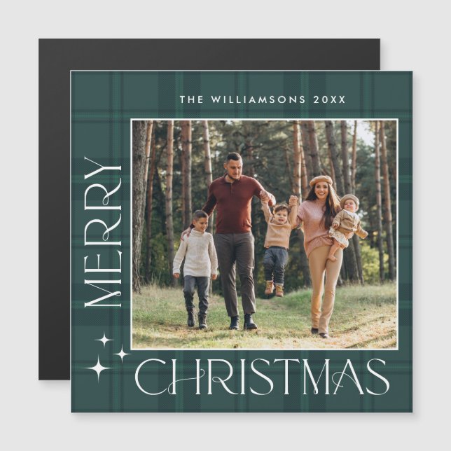 Retro Minimal Christmas Plaid PHOTO Magnetic Card (Front/Back)