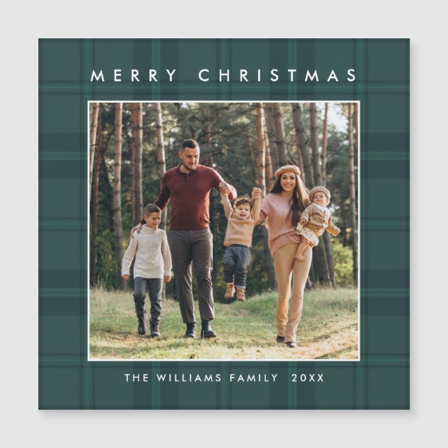 Retro Minimal Christmas Plaid PHOTO Magnetic Card (Front)