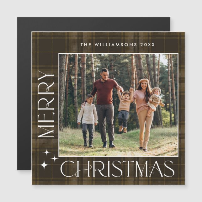 Retro Minimal Christmas Plaid PHOTO Magnetic Card (Front/Back)