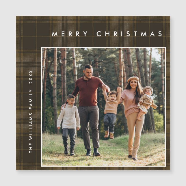 Retro Minimal Christmas Plaid PHOTO Magnetic Card (Front)