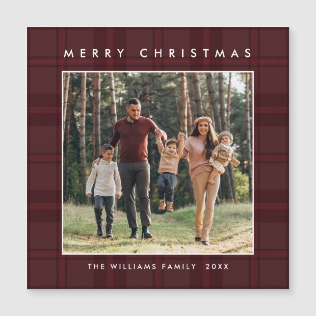 Retro Minimal Christmas Plaid PHOTO Magnetic Card (Front)