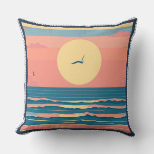 Retro Minimalist Beach Sunset Ocean Waves Cushion
