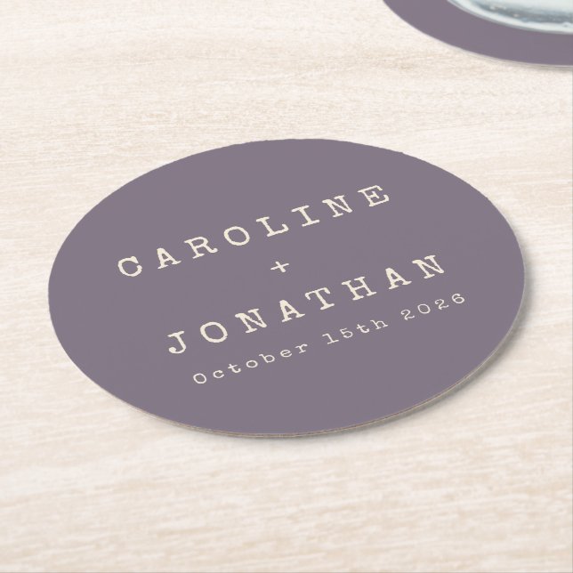 Retro Minimalist Dusty Purple Typewriter Wedding Round Paper Coaster (Angled)