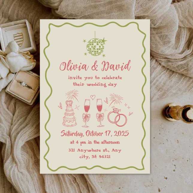 Retro minimalist hand drawn Pink,green Wedding Invitation (Creator Uploaded)