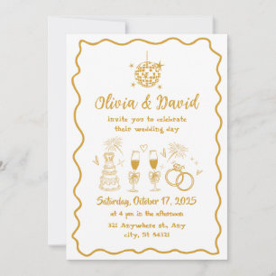 Retro minimalist hand drawn white,gold Wedding Invitation